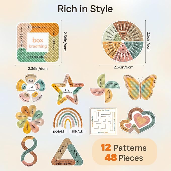 Sensory Strips for Anxiety Calming Stickers, 48Pcs 2 Textured for Mood Calming, Breathing Mindfulness Fidget Sticker for Kids, Anxiety Relief at Office & Classroom Desk