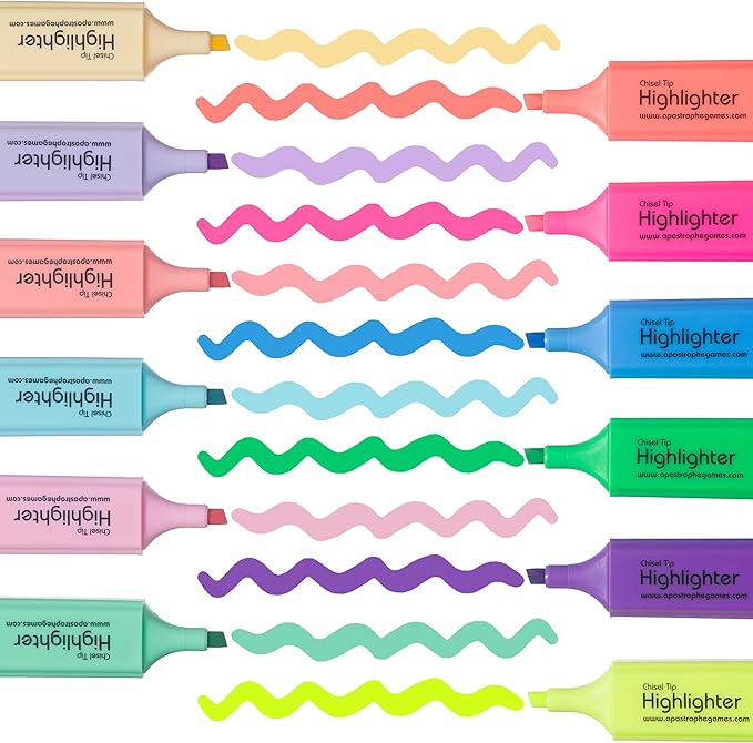 Apostrophe Games 12 Highlighters, Chisel Tip Assorted Color Set, Fluorescent and Pastel Colors - Dry-Quickly Non-Toxic Highlighter Markers, Office, School Supplies
