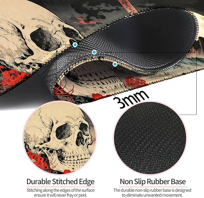 Japanese Retro Skull and Floral XL Large Desk Mat, Extended Long Desk Pad for Gaming and Office, Non-Slip Rubber Base, Comfortable Surface Mouse Pad, 31.5x11.8 in (H11)