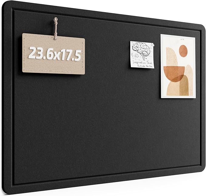 Fluxynara Bulletin Board, 23.6" x 17.5" Cork Board Alternative with 12 Safe Removable Adhesive Tabs, Foldable Felt Pin Board for Home Office, Classroom, Bedroom,Entryway for Walls— Black
