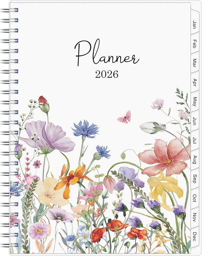 2026 Planner, Weekly ＆ Monthly Planner 2026, Jan 2026 – Dec 2026, 6.2" x 8.42", Flexible Cover, 12 Monthly Tabs, Thick Paper, Spiral Wirebound, Inner Pocket, Watercolor Flowers