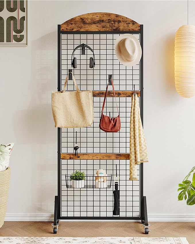 Grid Wall Panel 5.7' x 2' FT Grid Display Rack, 2 Pack Movable Gridwall Display Stand with 8 S-Shaped Hooks and 8 Garment Hooks, Floorstanding Wire Grid Rack, Rustic Brown and Black TCJ17P2BF