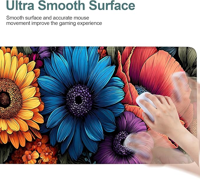 Flowers Extended Gaming Mouse Pad 31.5x11.8inches Large Desk Mat Anti-Slip Rubber Base & Durable Stitched Edges for Gamers Smooth Mouse Writing Surface for Desk Office/Home