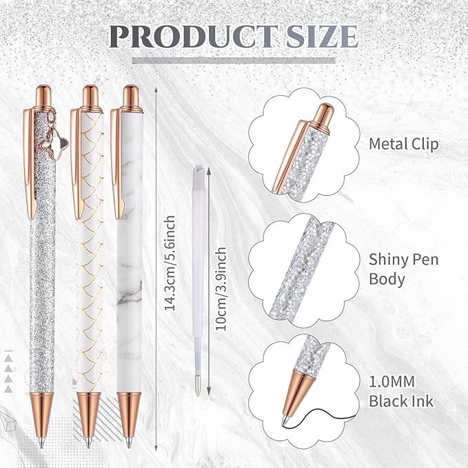 Sherr 7 Pcs Fancy Pens for Women Cute Sparkly Glitter Pens with 10 Pcs Black Ink Refills Pretty Gifts for Girls Office School Christmas Graduation(Novel)