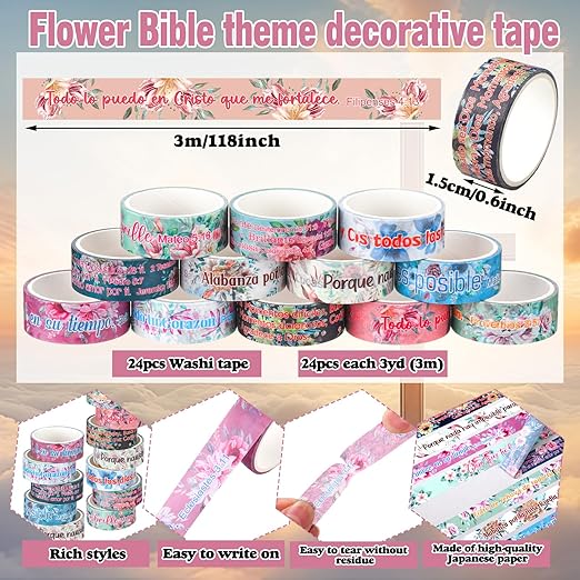 Janlaugh 24 Rolls Christian Washi Tape for Bible Journaling Gifts Bulk Religious Inspirational Scripture Supplies Spanish Floral Bible Verse Washi Tape for Study Crafting Spring Valentine's Day Gifts