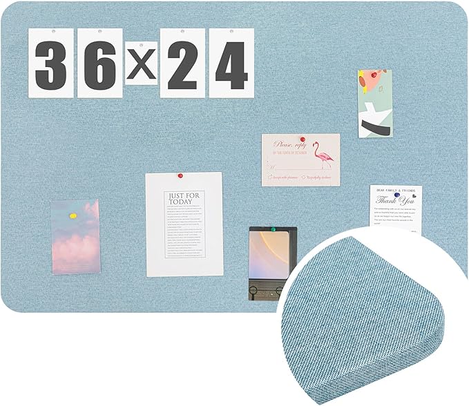 36"x 24"Linen Fabric Bulletin Board Pinboard for Walls Display Frameless Pinboard Display Notice Memory Board for Office Home Walls Kitchen Easy to Install(Water Blue)