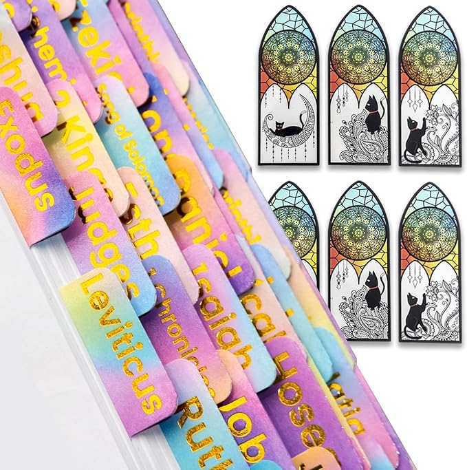 Bible Tabs with Unique Stickers, Laminated Bible Tabs for Women & Men, Christian Gifts, Large Print Bible Tabs for Easy Navigation, Bible Book Index Tabs Labels, Bible Study Supplies, Rainbow3 SQ3