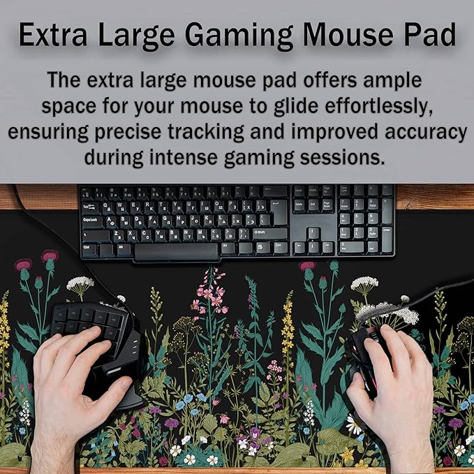 Gaming Mouse Pad Black XXXL Mousepad, Office Desk Pads Keyboard Mouse Pads, Pad for Mouse Non-Slip Rubber Base Waterproof with Stitched Edges, 35.4 X 15.7 in for Work/Game/Office Wildflower