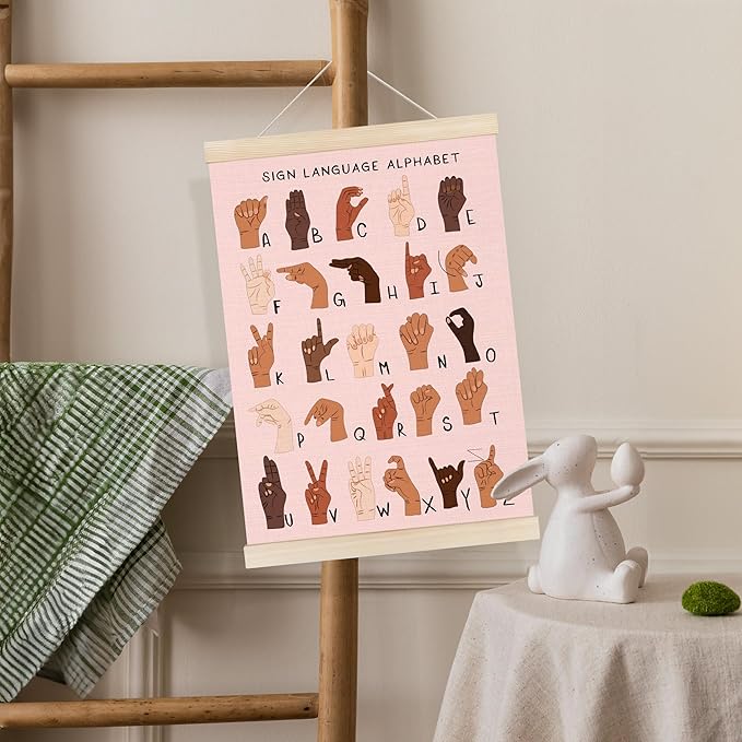 Koesus Sign Language Alphabet Wall Art Poster Hanger Frame 12x16 Inch, Special Education Poster, Educational Canvas Pictures Prints Framed Wall Decor for Classroom Kid Nursery Bedroom Playroom