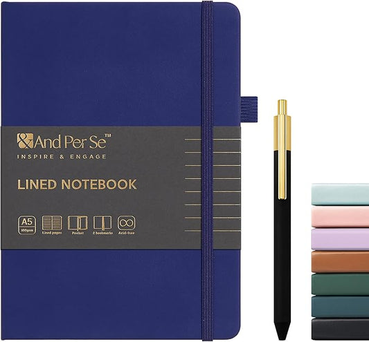 &And Per Se Lined Journal and Pen Set, A5 Leather Hardcover Notebook with Pen & Stationary Set, 160 Pages 100GSM Thick Ruled Paper Journal for Business Work Writing (Royal Blue)