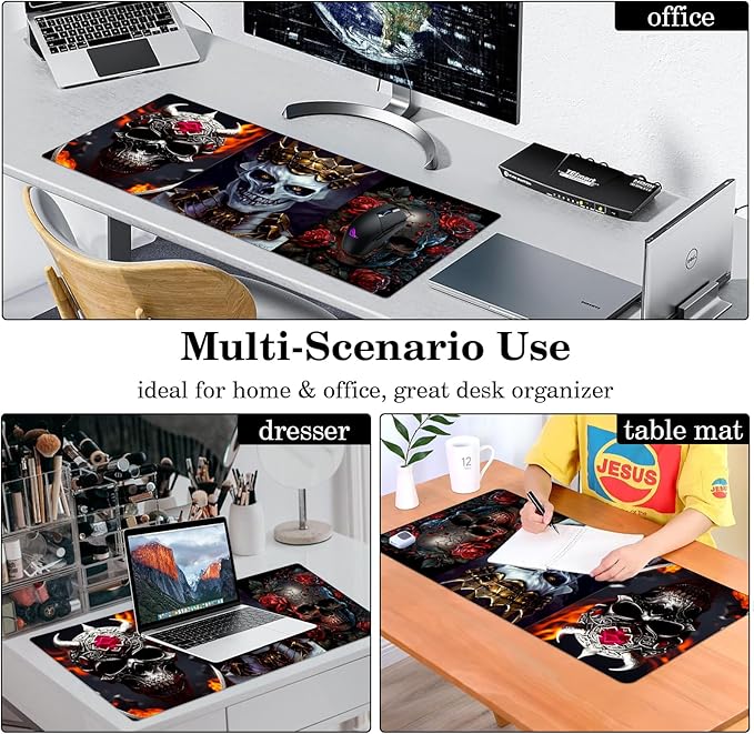 Skull Mouse Pad, Gaming Mouse Pad Large, Keyboard Mouse Mat Desk Pad, Non-Slip Rubber Base with Stitched Edges Mousepad, 31.5X15.7inch