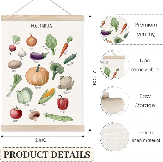 Koesus Vegetables Food Wall Art Poster Hanger Frame 12x16 Inch, Educational Learning Canvas Pictures Prints Framed Wall Decor for Classroom Toddler Kids Room Nursery Preschool Kitchen