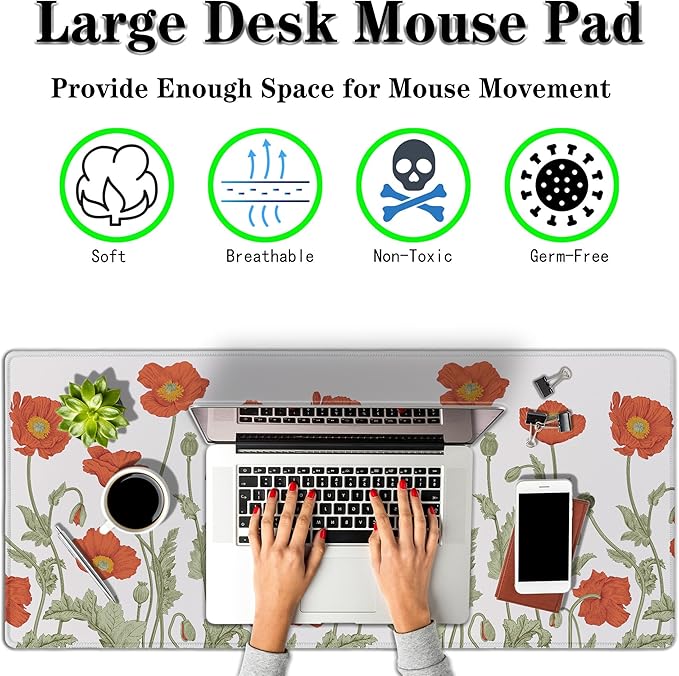 Gaming Mouse Pad Red Work Desk Mat, Large Mouse Pads Computer Deskmat, The Desk Mat Non-Slip Rubber Base Waterproof with Stitched Edges, 35.4" X 15.7" for Work/Game/Office/Home Poppies Flower