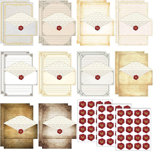 TaoBary 160 Pcs Stationery Paper Set 50 Double Sided Stationery Papers with 50 Matching Envelopes and 60 Round Dot Sticker, 10 Design(Retro,8.5 x 11 Inch)
