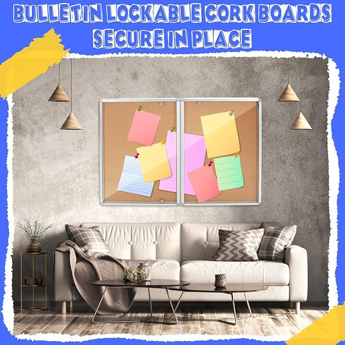48"x36" Enclosed Bulletin Board Weather Resistant Lockable Outdoor Cork Fabric Display Board Aluminum Frame Wall Mounted 2 Locking Door for Office School Commercial 12xA4(Brown, Silver Frame)