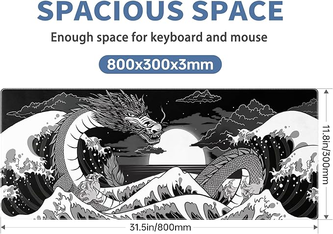 Wave Sea Dragon Gaming Mouse Pad Large Desk Mat Extended Black Keyboard Mouse Pad Gaming Mousepad with Non-Slip Base Stitched Edge Anime Mouse Mat Desk Pad 31.5 X 11.8 Mouse Pads for Desk Home Office