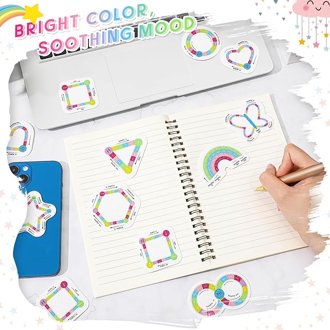 72 Pcs Anxiety Sensory Stickers Strips Adhesive Textured Mental Health Calm Stickers Mindfulness Fidget Decals Stress Anxiety Relief Items for Therapy Office Desk Counselor(Cute Breathe)