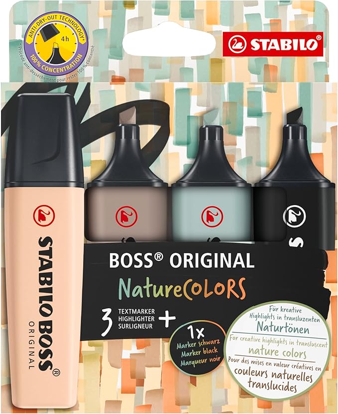 STABILO Highlighter BOSS ORIGINAL NatureCOLORS - Pack of 4 - Beige, Warm Grey, Earth Green, Black