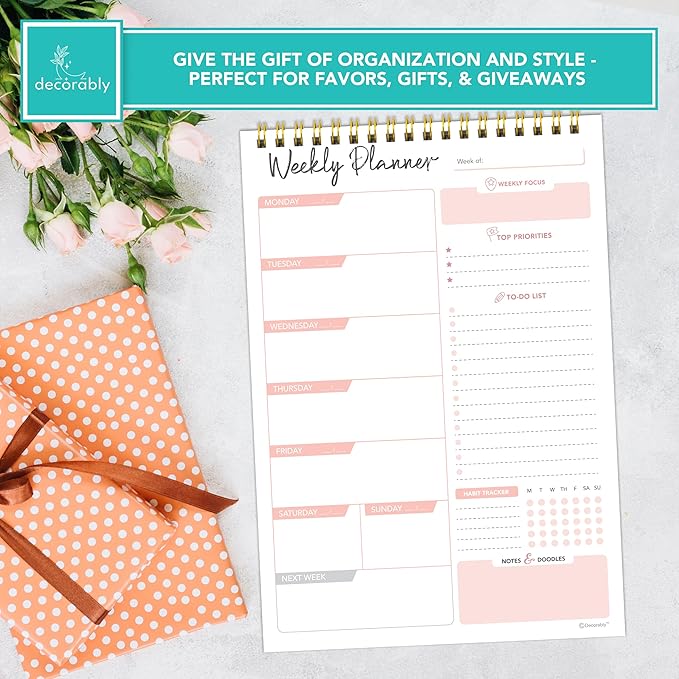Decorably 52 Sheets Nude Pink Undated Weekly Planner Notepad Tear Off, 6.5x10in Spring-Bound Design, with Focus, Priorities, to-do list, Habit Tracker, Notes and Doodles - Home, School, Office