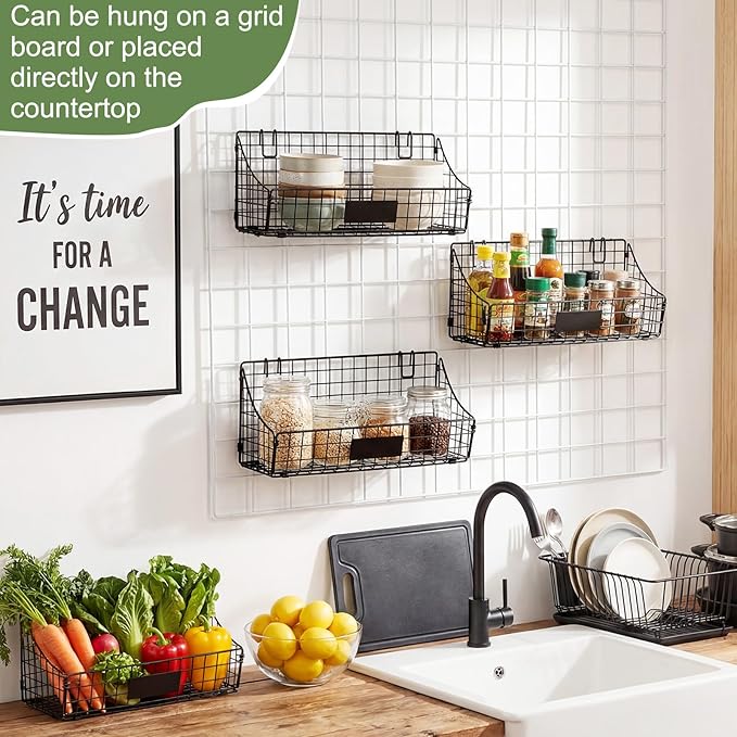 Blulu 4 Pcs Wire Wall Basket, Black Metal Grid Basket with Hooks Wall Hanging Storage Accessory for Vendor Trade Shows Kitchen Bathroom Pantry Supplies(15 x 7 x 6 Inch)