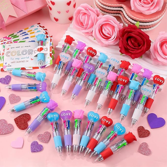CZWZ 30Pcs Mini Multicolor Pen in One 4-in-1 Cute Pens Bulk for Kids, Ballpoint Pens for Birthdays and Children's Parties, Fun Pens Gifts Assorted Ink Kawaii Pen(Heart and Flower)