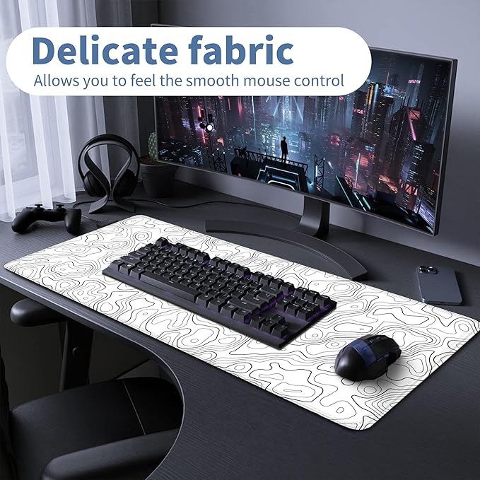 White Map Gaming Mouse Pad Large Desk Mat Extended Keyboard Mouse Pad XL Mousepad with Non-Slip Base and Stitched Edge White Mouse Mat Desk Pad 31.5 X 11.8 in Mouse Pads for Desk Gaming Home Office