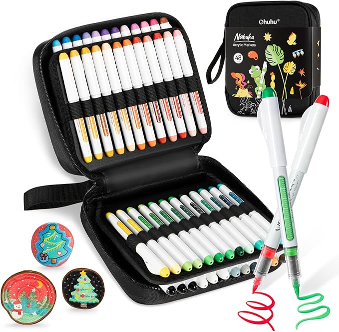 Ohuhu Acrylic Paint Markers Brush Tip: 48 Pack Automatic Ink Control Acrylic Markers High Opacity Paint Pens Waterproof Lightfast for Rock Painting 3D Prints Easter Eggs Wood DIY Crafts- Nahuku