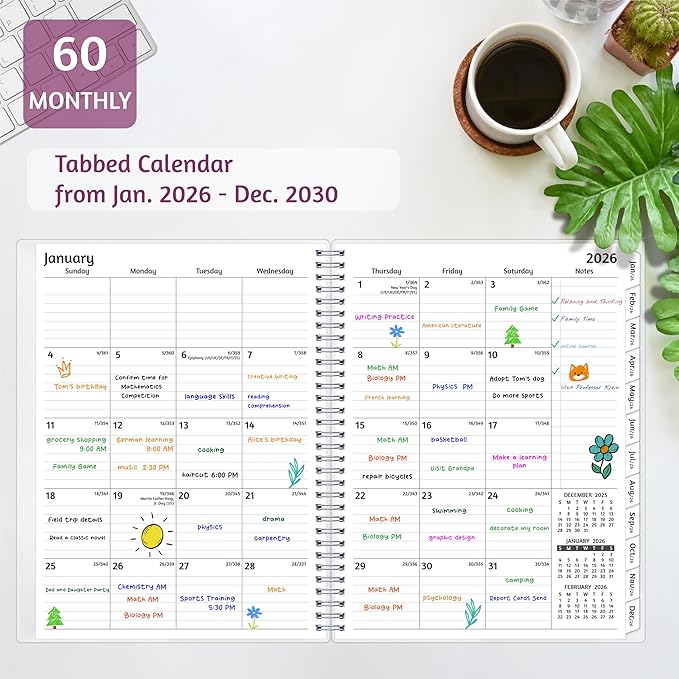 Monthly Planner 2026-2030, 5-Year Calendar Planner 2026-2030, Jan 2026 – Dec 2030, 8.5 x 11 In, Ruled Spread, Flexible Cover, Spiral Wirebound, Pocket, 60 Coated Monthly Tabs, Notes ＆ Habit Tracker, A4 Planner, Watercolor