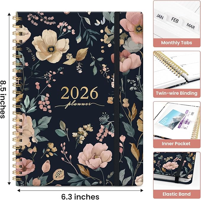 2026 Planner, Monthly and Weekly Calendar Planner for Women, Jan 2026 - Dec 2026, Hardcover Pretty 2026 Agenda Planner Book with Tabs, Spiral Bound, Perfect for School Office Home Supplies, 6.3" x 8.5" - Evening Petals