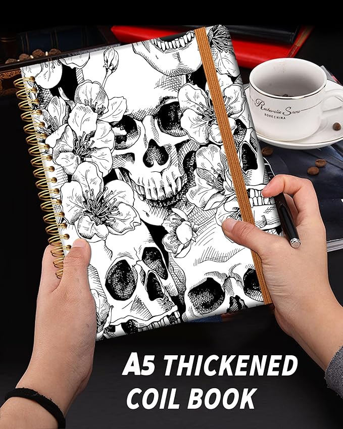 Ruled Spiral Writing Notebook,A5 Hardcover Lined College Journal for Women Lady,Fashion Puppy Watercolor Strong Twin-Wire Binding with Premium Paper,8.4" X 6",Perfect for School,Office,Home Gifts(Cool Skull Flower)