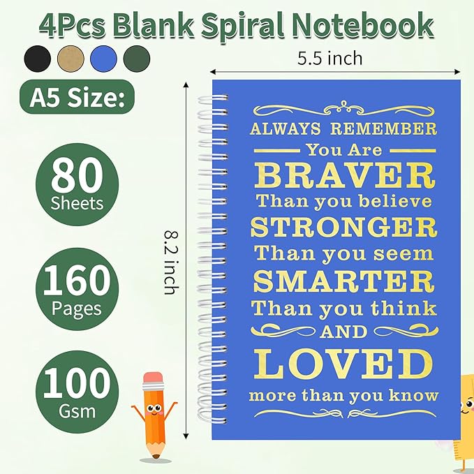 4Pcs Blank Spiral Notebook,Inspirational Gifts A5 Hardcover Sketch Book,Art Sketchbook for Drawing, Unlined, Plain Sketch Book for Women Men Work Writing,160 Pages (4, Blank Page mix dark)
