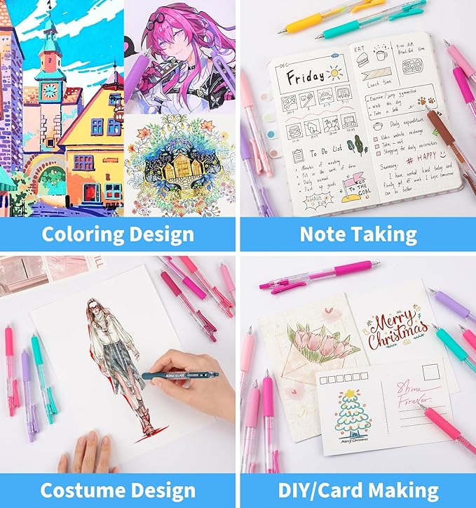 Gel Pens For Coloring, 72 Colors Retractable Colored Pens for Black Paper & White Paper, 0.7mm Fine Point Colorful Pens for Coloring, Writing, Drawing, Journaling, Note Taking, Office, Home