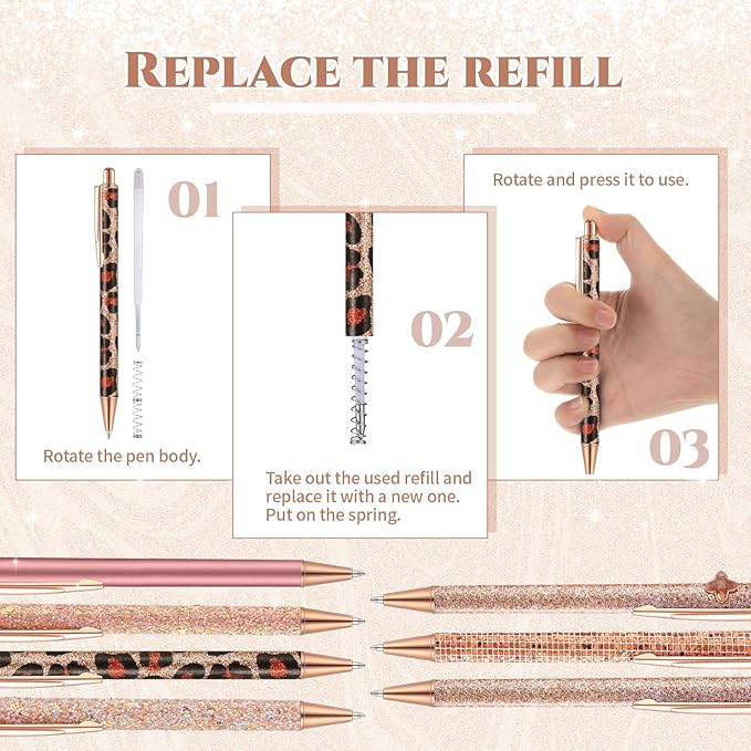 Sherr 7 Pcs Fancy Pens for Women Cute Sparkly Glitter Pens with 10 Pcs Black Ink Refills Pretty Gifts for Girls Office School Christmas Graduation(Elegant)