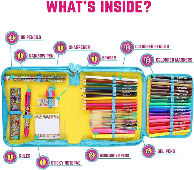 GirlZone 43-Piece Rainbow Filled Pencil Case with Supplies - Ages 7+ - Art Kit, Marker Binder & Stationery Set for Kids