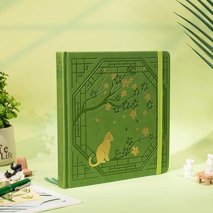 TIEFOSSI Square Dotted Journal, Cute Cat Journal for Women Girls, Dot Notebook with Pretty Sakura Pattern, Aesthetic Diary for Writing Journaling Drawing, Golden Edges, 8 x 8 IN