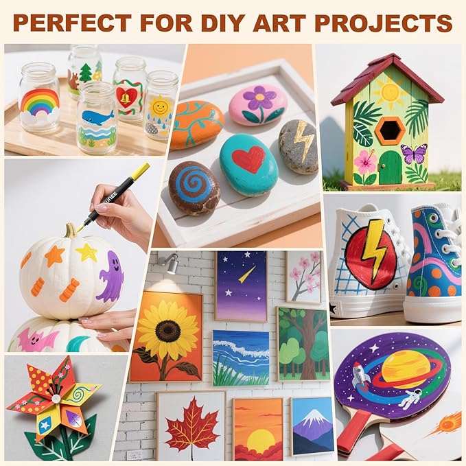 SUNEE 48 Colors Acrylic Paint Markers, Dual Tip Bullet & Brush Paint Pens with Automatic Ink Control System, Art Supplies for Adults & Teens, for Rock, Wood, Canvas, Glass Creative Projects