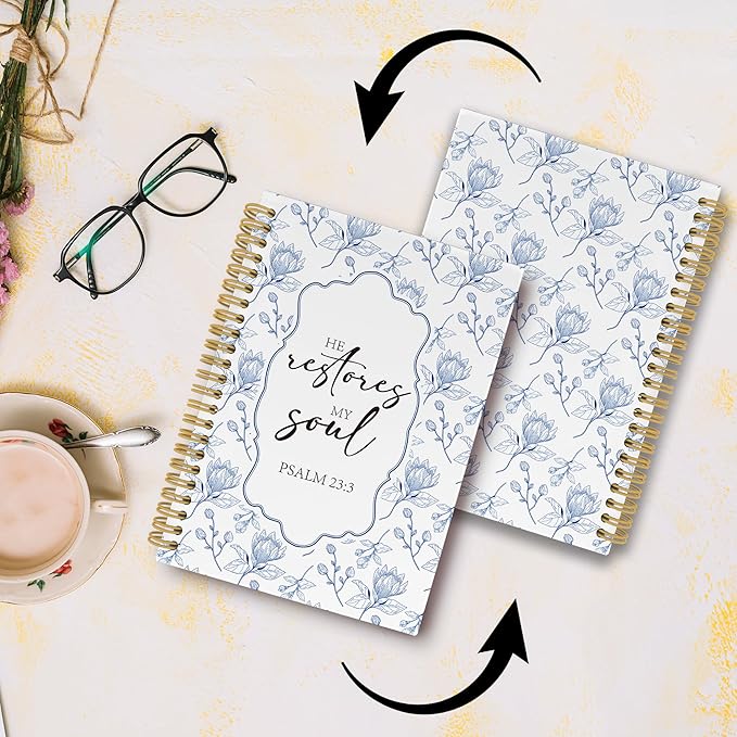 Pugwak Christian Journal Notebook - Blue FLower Bible Verse Religious Scripture Notebooks College Ruled for Work School, Gifts for Women, Office Supplies, Hardcover Spiral Notebook 5.5"x8.3"