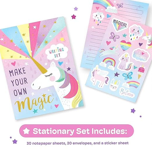 Stationery Set for Girls by Jewelkeeper - Unicorn Writing Kit - Colorful Stationary Set with Paper, Envelopes, and Stickers - Suitable for Creative Kids and Pen Pals