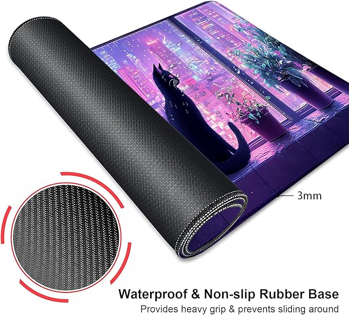 Modern Black Cat City Night Scenery Large Mouse Pad, Desk Mat Computer Keyboard Pad Non-Slip Rubber Base Waterproof with Stitched Edges for Laptop Gaming, Office & Home 31.5 x 11.8 Inch (XL-18)