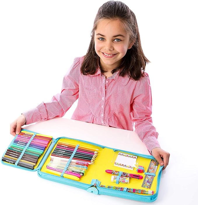 GirlZone 43-Piece Rainbow Filled Pencil Case with Supplies - Ages 7+ - Art Kit, Marker Binder & Stationery Set for Kids