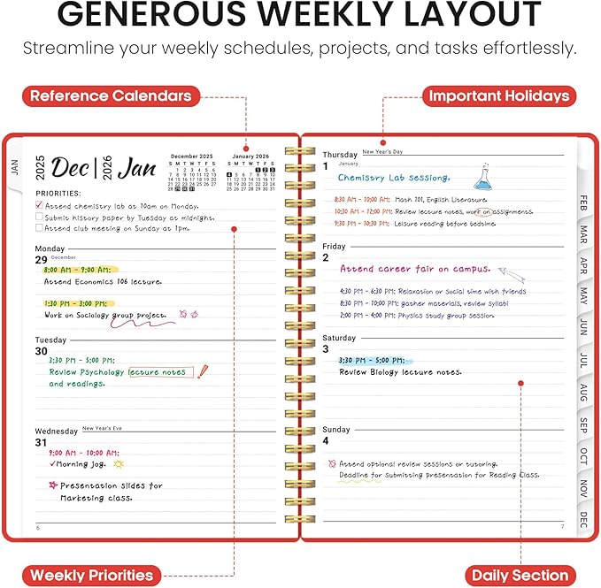 2026 Planner, Weekly and Monthly Calender Planner, Jan 2026 to Dec 2026, Hardcover 2026 Calendar Book with Tabs & Inner Pocket, Office Home School Supplies for Women & Men - A4 (8.5" x 11"), Tomato Red