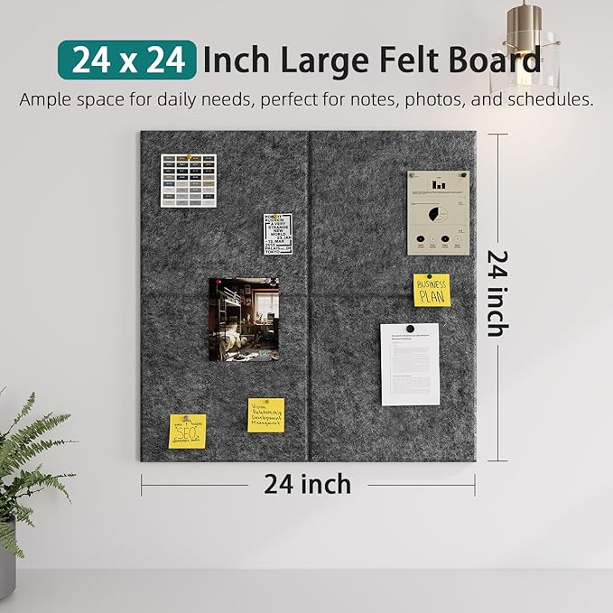 Felt Cork Board for Wall: Extra Large Bulletin Board for Office - 0.5 Inch Thick Corkboard Tiles 4 PCS Grey Pin Board Squares Adhesive