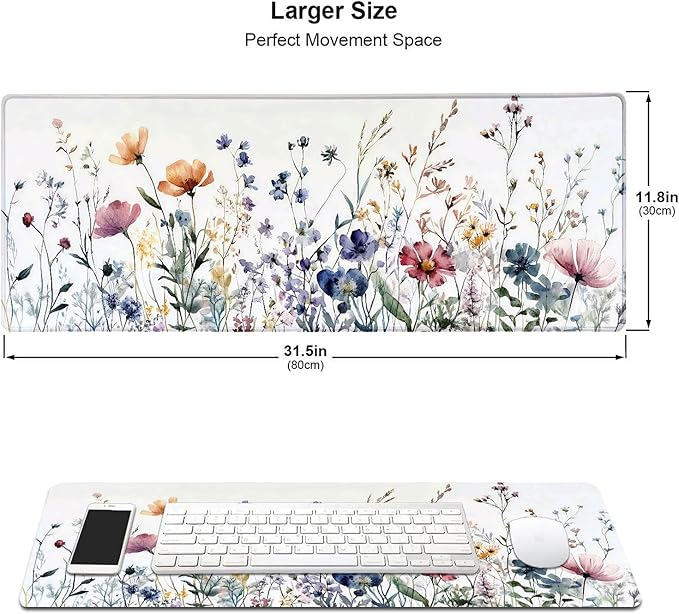 Wildflowers Flower Floral Large Mouse Pad, Desk Mat Computer Keyboard Pad Non-Slip Rubber Base Waterproof with Stitched Edges for Laptop Gaming, Office & Home 31.5 x 11.8 Inch