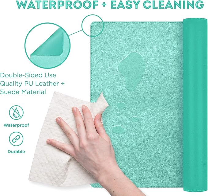 FTC PU Leather Desk Pad & Desk Blotter, Non-Slip Flannelette Base, Stitched Desk Mat for Keyboard, Mouse & Writing, Home or Office (Turquoise, 31.5” x 15.75”)