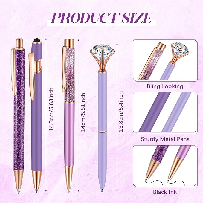 Sabary 8 Pcs Purple Pens with Pen Holder for Desk Glitter Crystal Diamond Cute Ballpoint Fancy Pencil Holder Bling Desk Organizer for Women Girls Gifts School Office Christmas Supplies