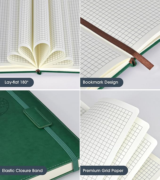Biuwory Graph Paper Notebook Journal for Women Men,160 Pages Hardcover Grid Notebooks for Work & School,Leather Journals for Writing, Graphing Paper Notebook 5.7"×8.3" (Green)