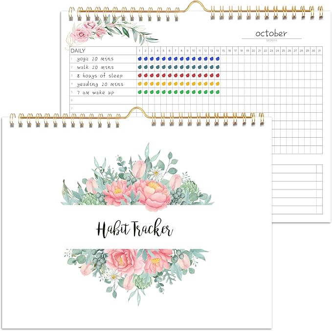 Habit Tracker Calendar - 12 Months Undated Daily Weekly & Monthly Period Habit Tracker Journal, Greenery Floral, Spiral Binding & Hanger, 7.8"x10"