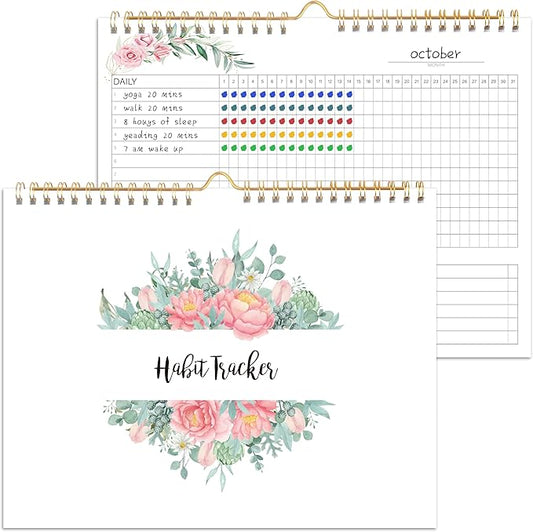 Habit Tracker Calendar - 12 Months Undated Daily Weekly & Monthly Period Habit Tracker Journal, Greenery Floral, Spiral Binding & Hanger, 7.8"x10"