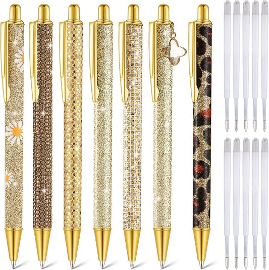 Sherr 7 Pcs Fancy Pens for Women Cute Sparkly Glitter Pens with 10 Pcs Black Ink Refills Pretty Gifts for Girls Office School Christmas Graduation(Delicate)