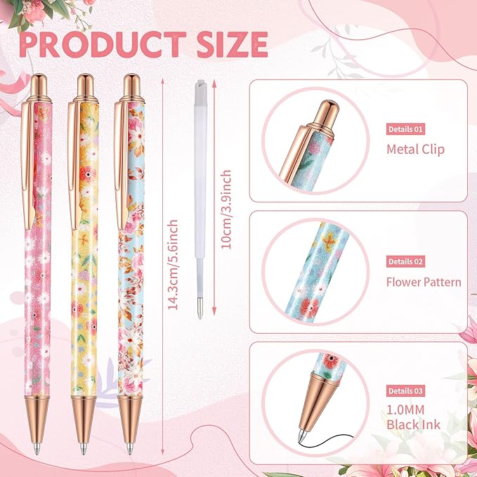 Sherr 7 Pcs Fancy Pens for Women Cute Sparkly Glitter Pens with 10 Pcs Black Ink Refills Pretty Gifts for Girls Office School Christmas Graduation(Floral)